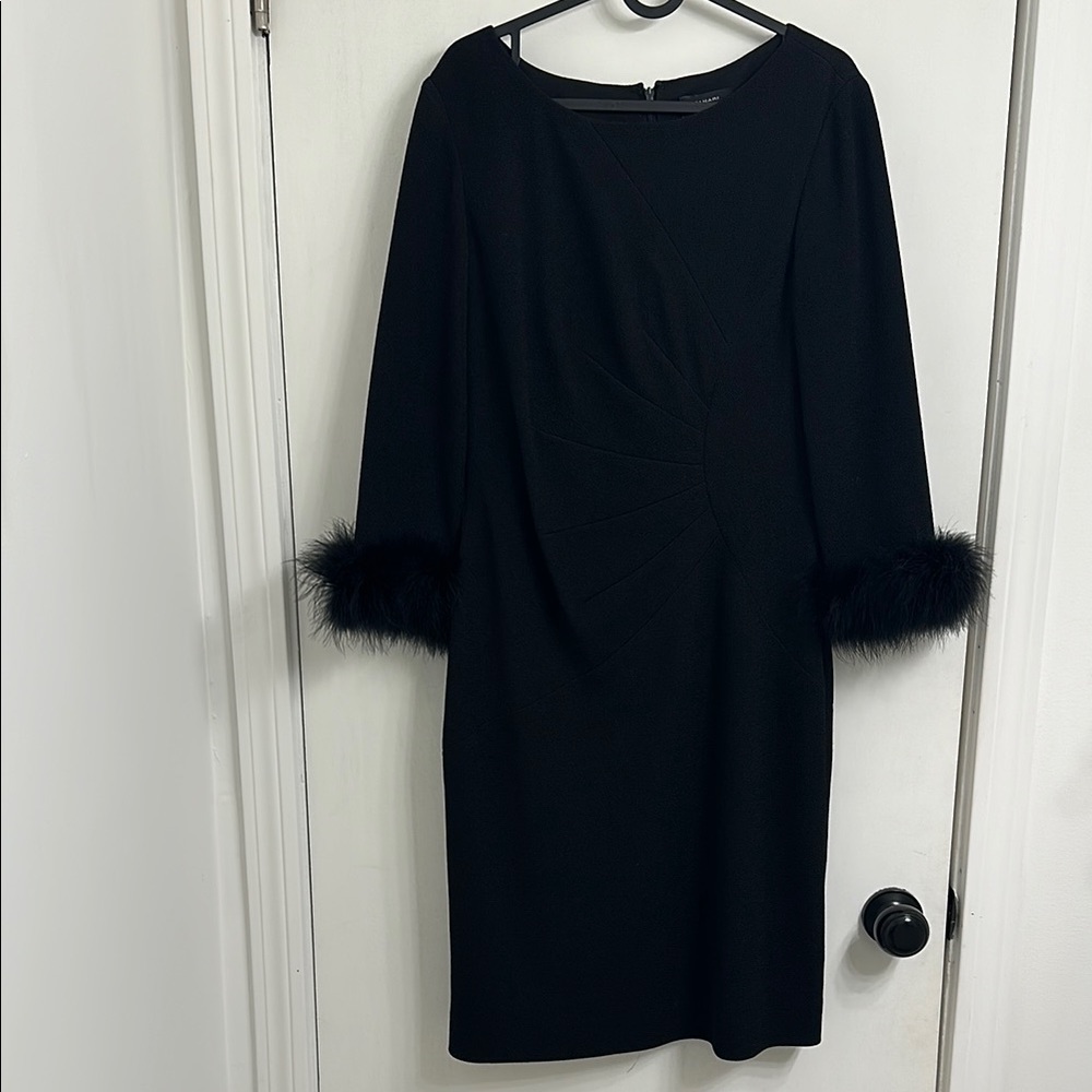 Tahari Elegant Black Dress with Fur Cuffs